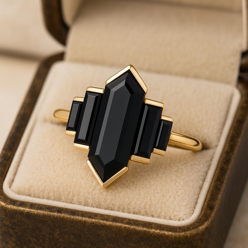Wedding Engagement Anniversary Promise Gift – Black Onyx Geometric Ring, Yellow Gold Plated Art Deco Statement Gemstone Jewelry for Women