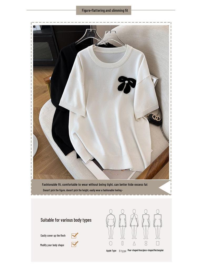 Plus Size Women's Summer Ice Silk Knit Top - Slimming Short Sleeve T-shirt