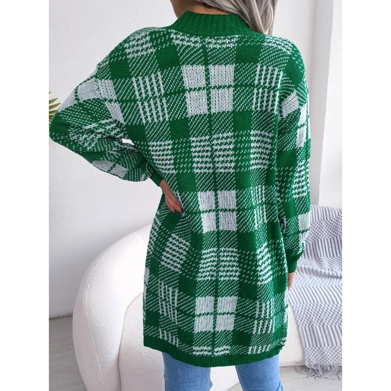 Dámský podzimní a zimní kostkovaný krajkový ležérní kardigan s lucernovými rukávy