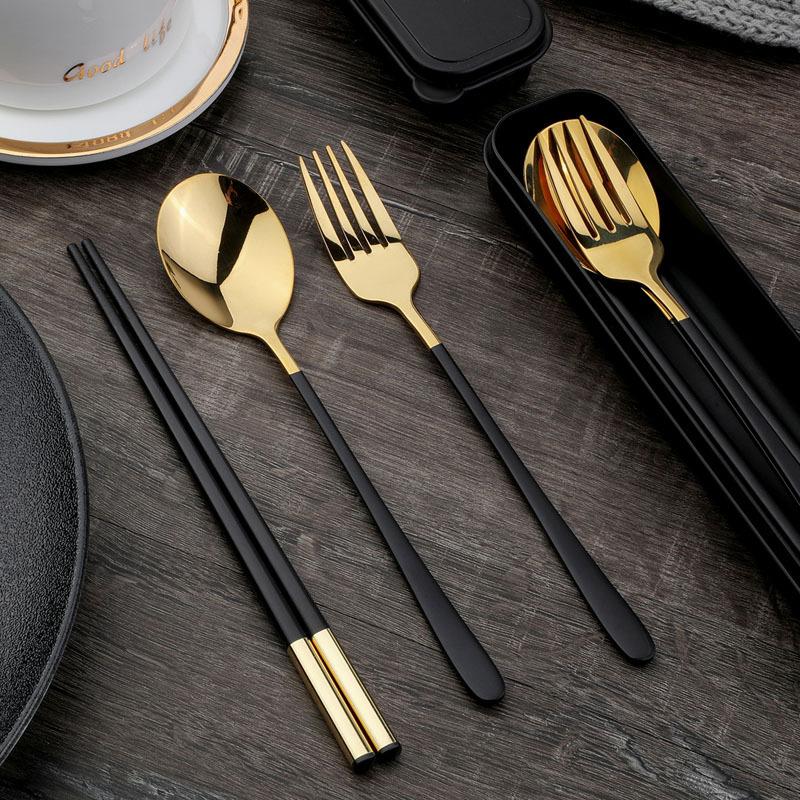 Chopsticks spoon set, a pair of student forks, portable with adult storage box, three-piece tableware set