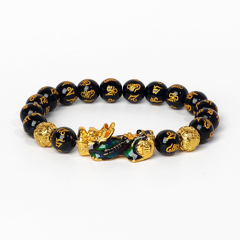 Feng Shui Black Obsidian Wealth Bracelets Men Color Changed Pi Xiu Bracelets Women 10mm Dragon Mantra Bead Bangle Lucky Jewelry