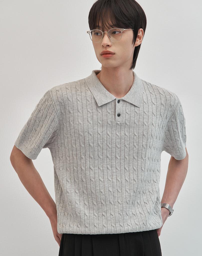 WORK ON BODY OFF Tres Semi-Overfit Cable Collar Short Sleeve Knit [Gray]