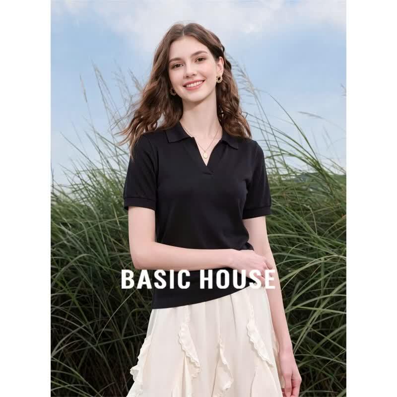 Basic House Women s Tencel Short Sleeve Lapel Knit Top XL