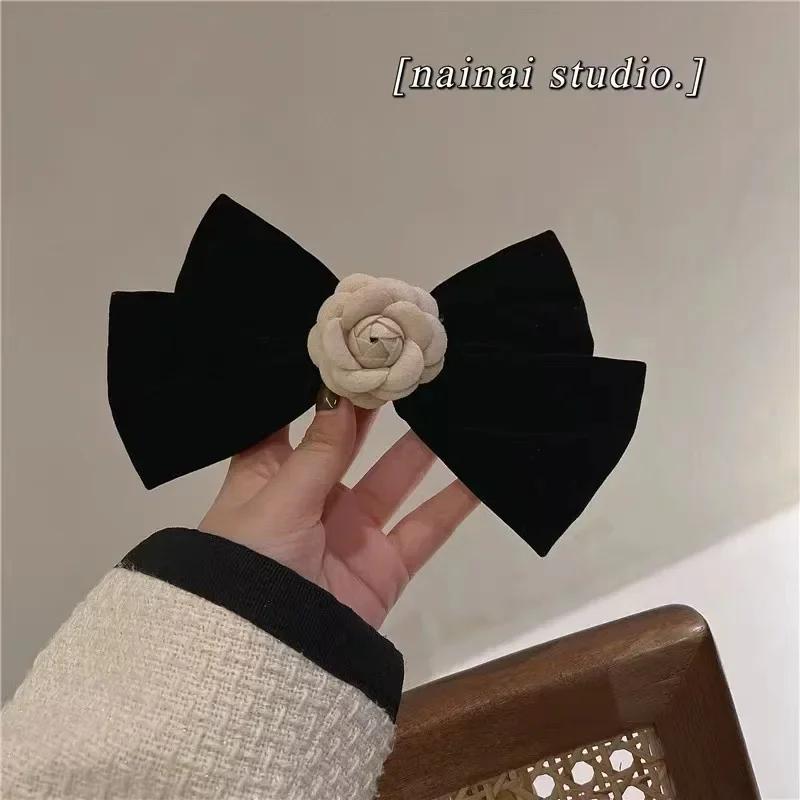 New Black Velvet Bow Hair Pins Elegant Fabric Alloy Roses Hair Clips for Women Fashion Ponytail Barrette Heawear Accessories