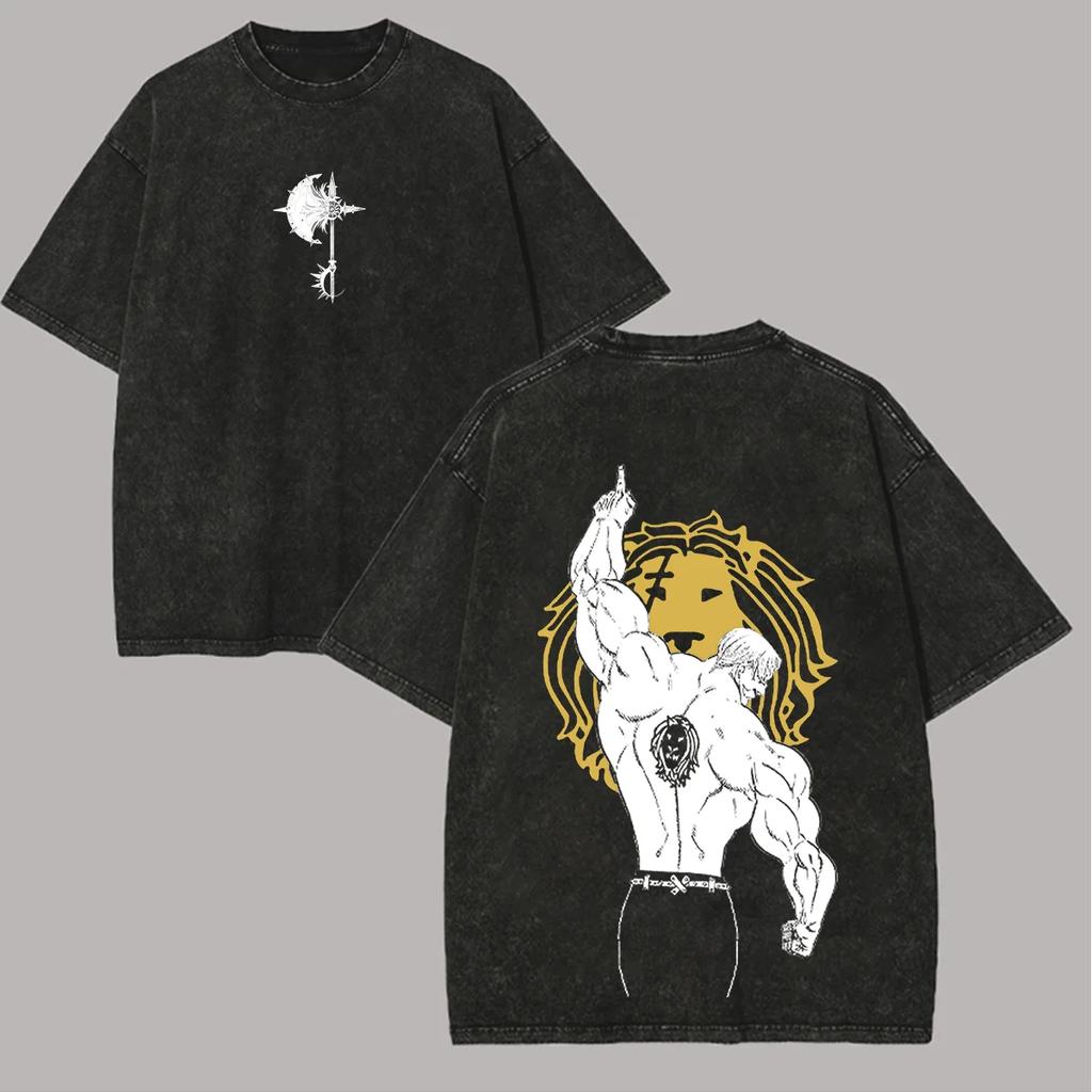 Anime-Liebhaber Sieben Todsünden Escanor Bedrucktes Unisex Gewaschenes Oversized T-Shirt Unisex Baumwolle Streetwear Kurzarm Unisex Kleidung