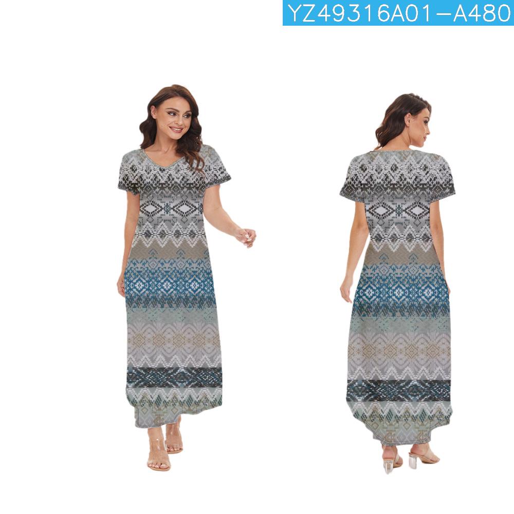 

V-Neck Plaid Retro 3D Print Plus Size Long Women s Dress 4XL