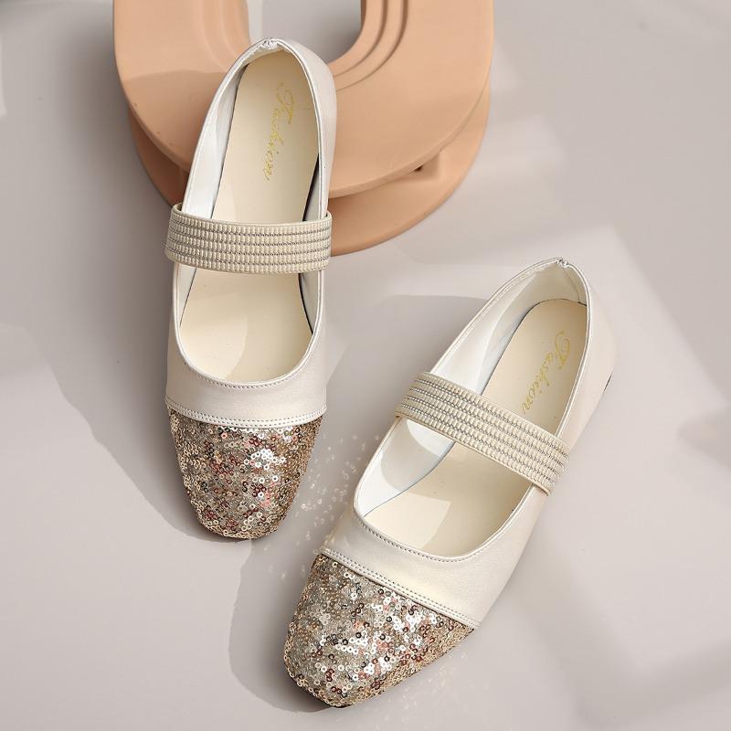 Fashion Spring New Flat Shoes Women's Square Head Shallow Mouth One Word Buckle Glitter Soft Sole Anti-slip Wear-resistant Single Shoes