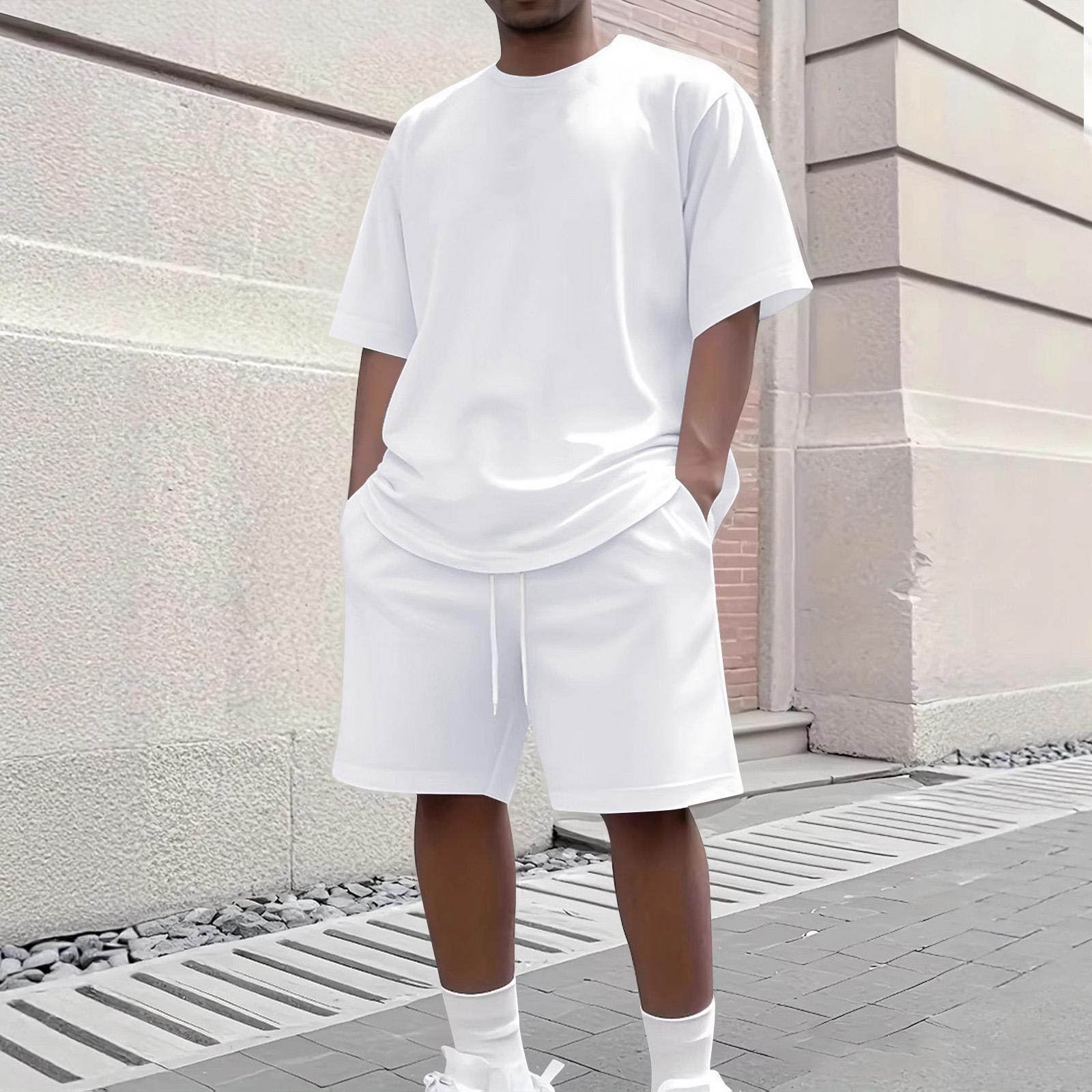 

Men s Summer Casual 2-Piece Outfit Round Men s Neck Short Sleeve Tee Shorts Set XXXXL білий