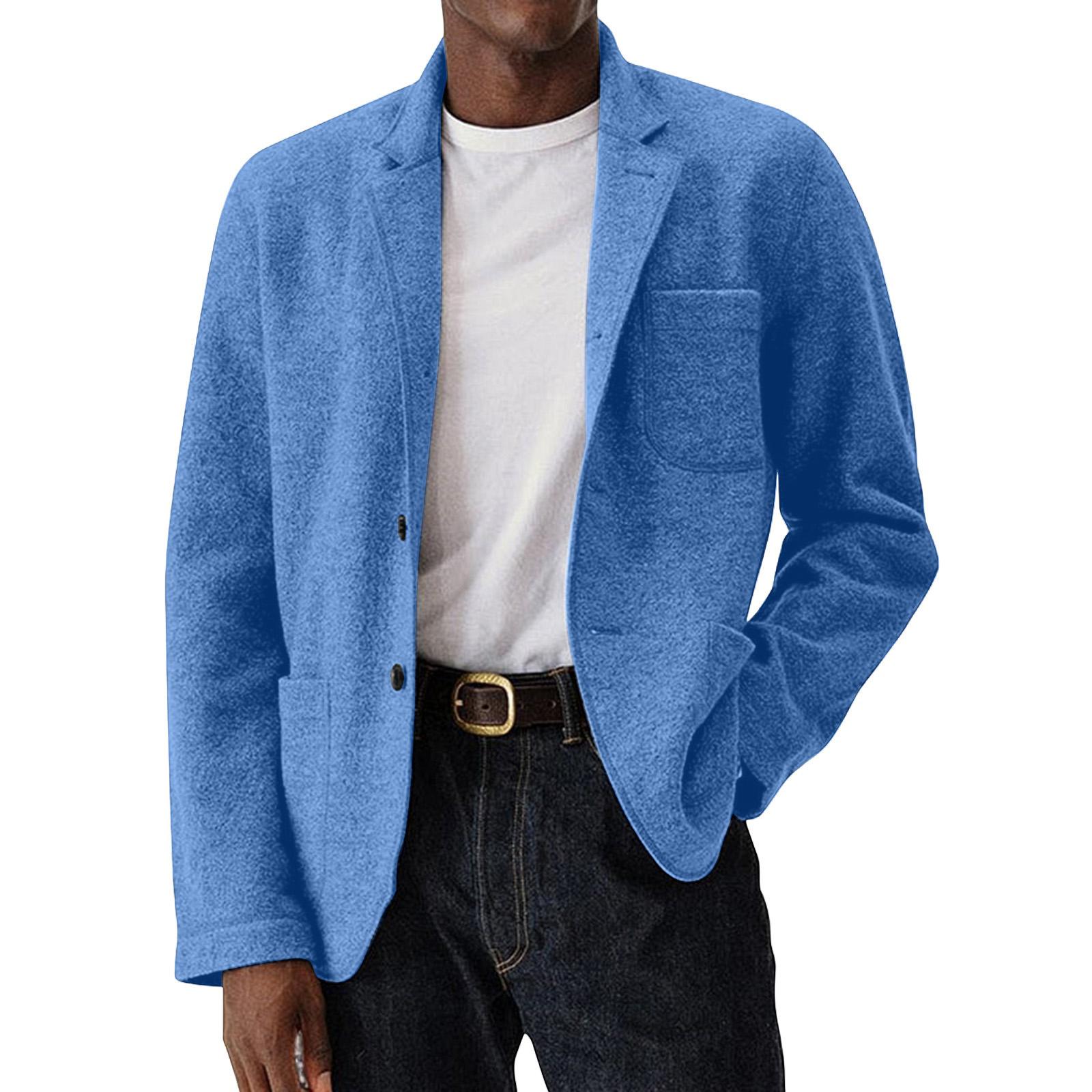

Men s Color Woolen Coat Men s Pockets Button Casual Jacket L синій