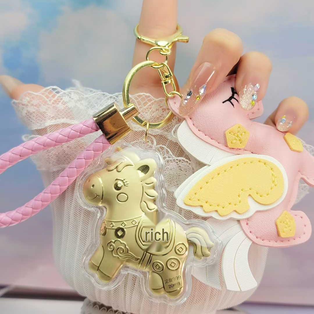 Golden Little Horse with Pure Gold Keychain and Leather Pendant Charm Gift