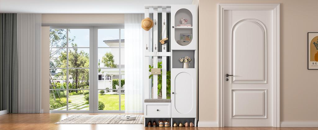85*33.5*200cm Compact Wardrobe with 2 Cabinets, Storage Cabinet Made of Tempered Glass, White Entryway Cabinet, Coat Rack with Shoe Bench and Cushion