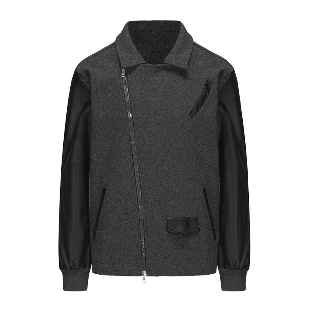 Men's Patchwork Woolen Jacket Lapel Colorblock Coat Casual Slim Fit Zipper Long Sleeve Jacket