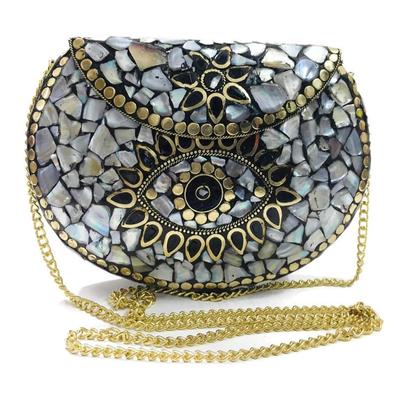 Women's Shell Stone Mosaic Metal Bag Antique Indian Ethnic Clutch Purse (Multicolor)