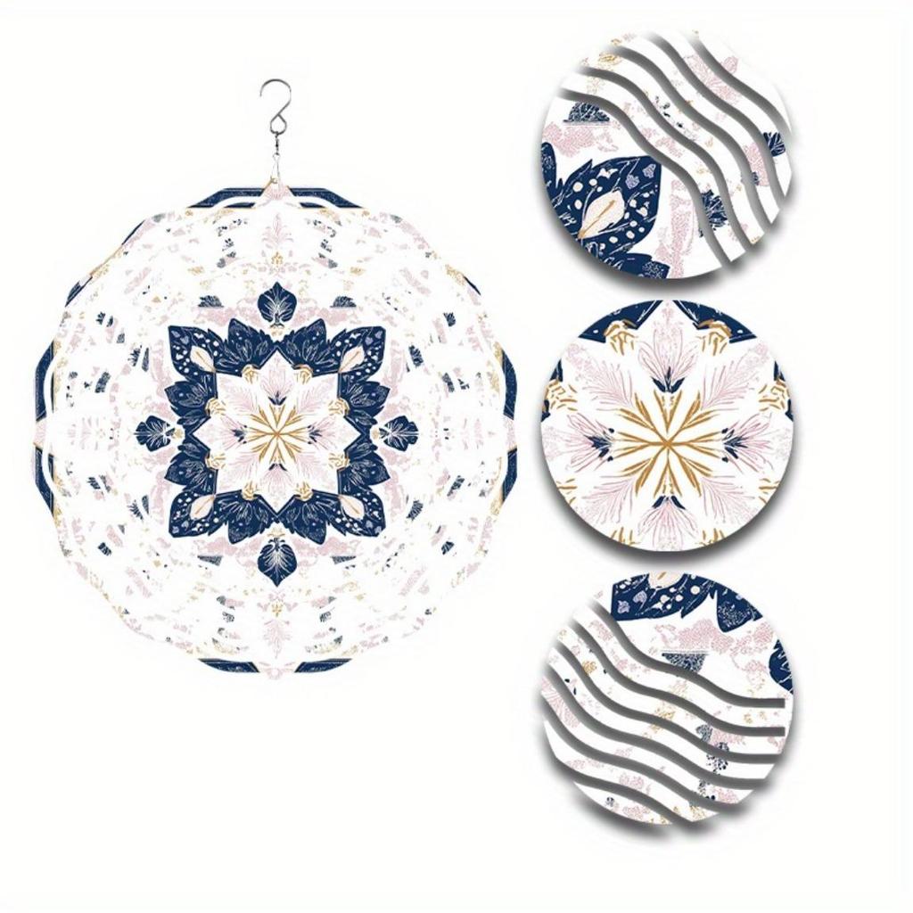 Vintage Blue Floral Wind Spinner 25cm Laser Cut Metal Hanging Decor 360 Rotating Hook for Garden Indoor Outdoor All Seasons Halloween Thanksgiving