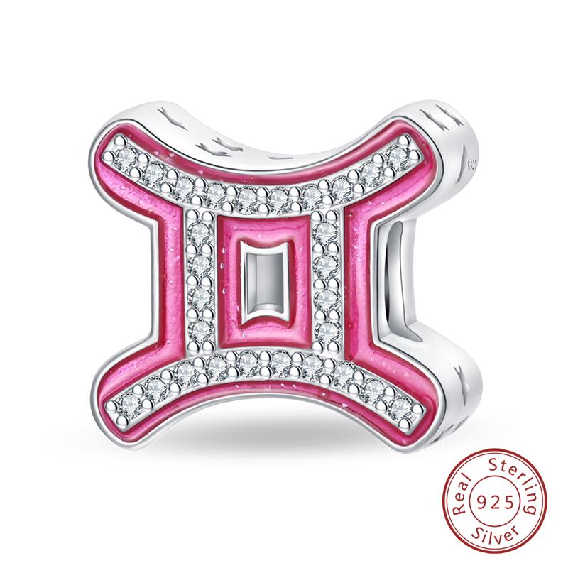 New 100% 925 Silver Twelve Constellation Series Pink Charms Beads Fit Qikaola Bracelets DIY Birthday Jewelry