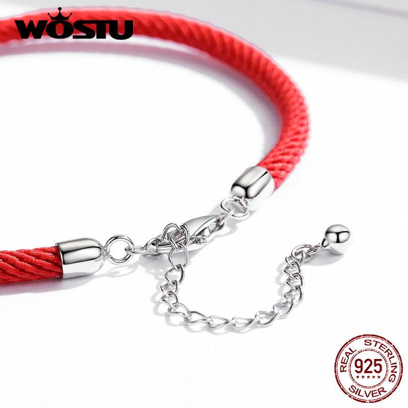 WOSTU 100% Real 925 Silver Red Black Gray White Rope Bracelet Classic Lucky Bangle Fit Beads Charms DIY Jewelry Making