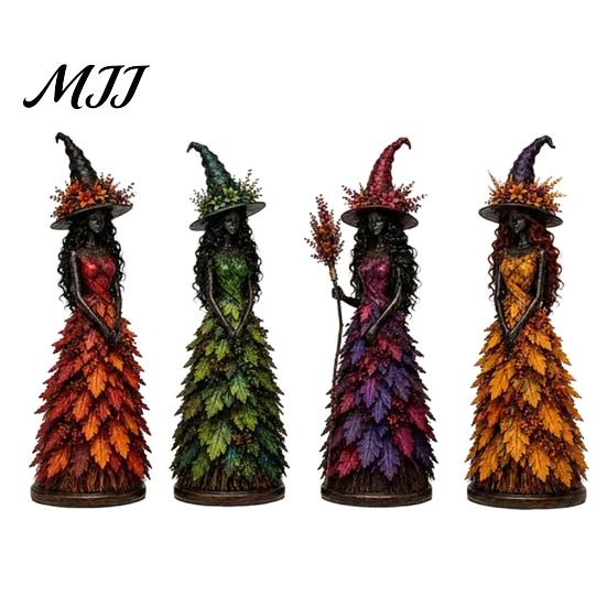 Halloween Witch Figurine Autumn Figurine, Fall Tabletop Statue with Leaf Resin Sculpture Table Ornament Gown, Seasonal Decoration for Mantel