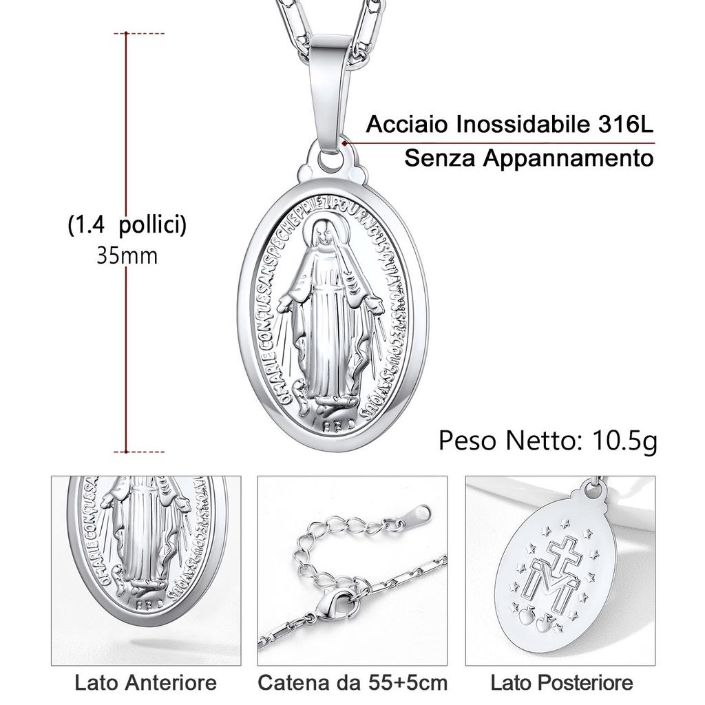 U7 Vigin Mary Necklaces 22" Chain 3D Embossed Vigin Mary Oval Coin Pendant Medallion Religious Christian Dainty Jewelry Gift