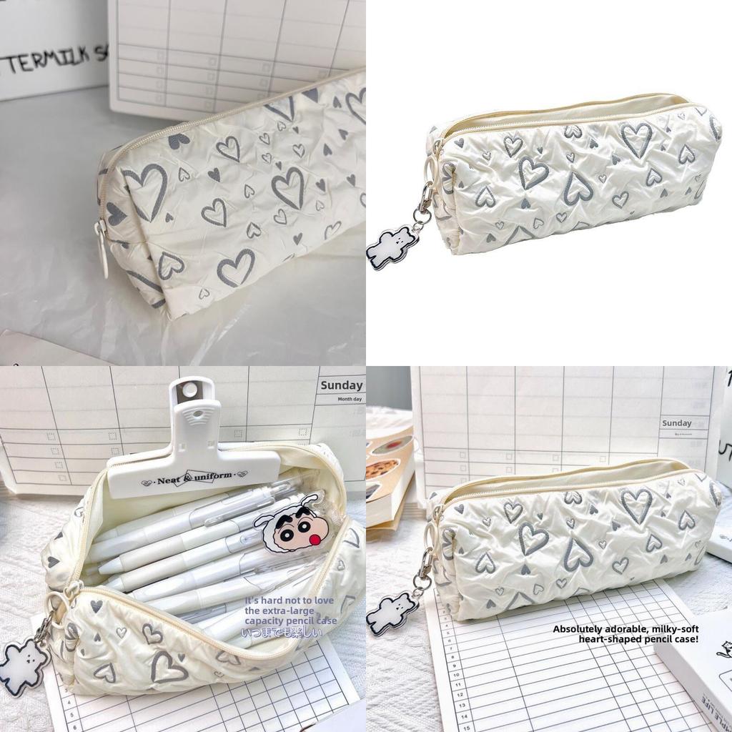 Korean Style Heart Embroidery Pencil Case With Polyester Material For Student Girls And Office Use