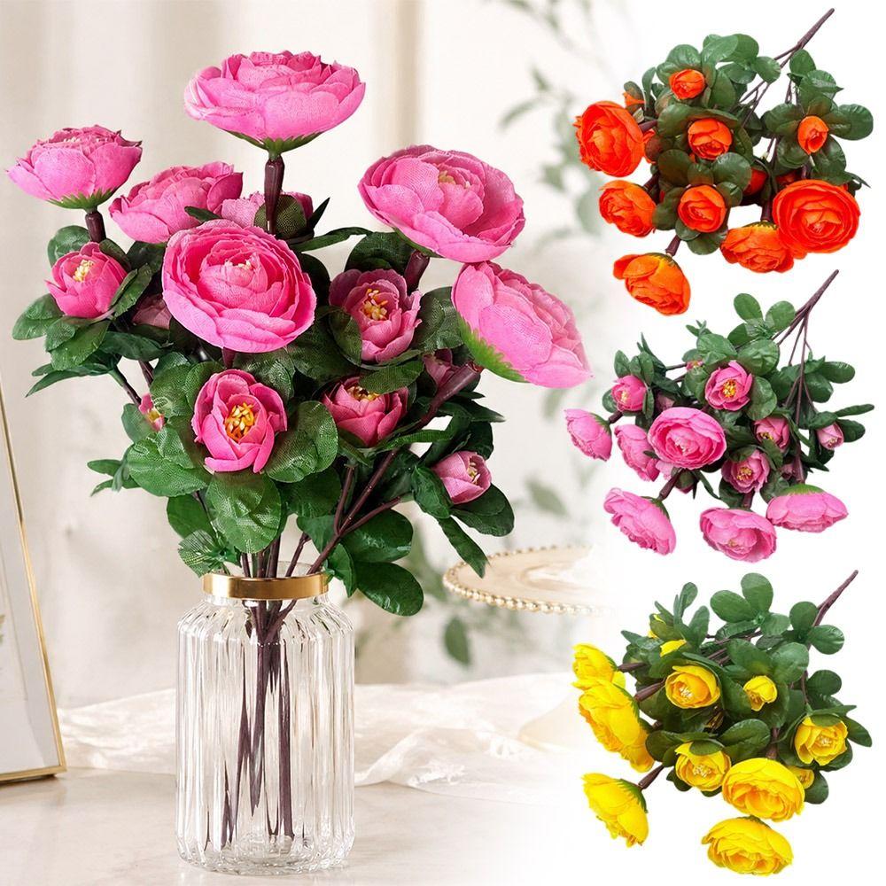 Multicolor Small Camellia Artifical Flower Silk Petals Floral Arrangement Decorative Flower Green Leaves Photo Props