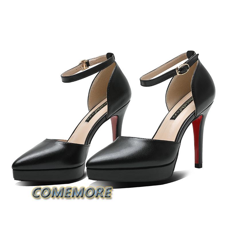 2024 Summer Leisure Ankle Straps Women's Sandals 10 Cm Sexy Pointed Toe Platform Pumps Matte Leather Ladies High Heel Size 32 33