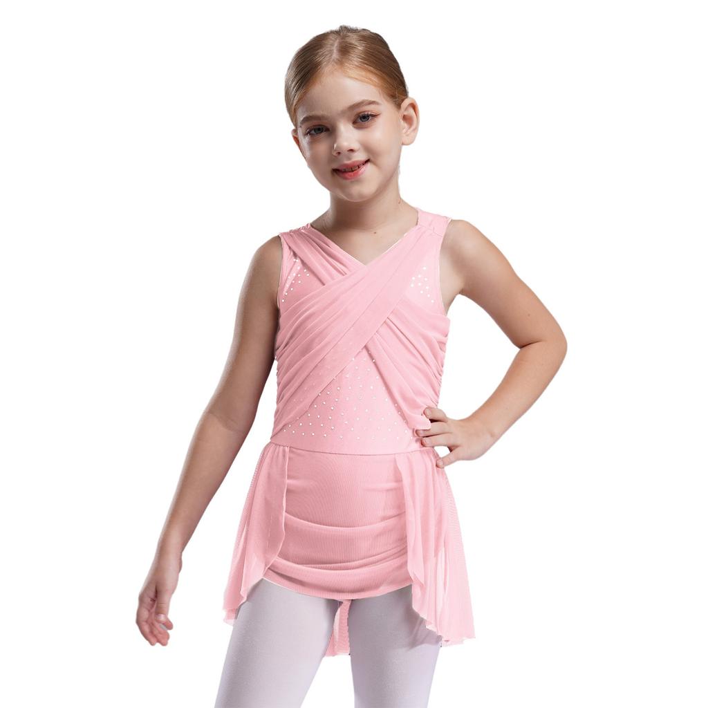 Girls Lyrical Dance Dress Cross Mesh Overlay Cutout Back Design Shiny Rhinestones Irregular Hem Figure Skating Gown