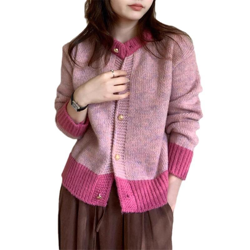 Autumn and winter new soft waxy retro crew neck sweater jacket women's loose lazy contrasting colors gentle wind knitted cardigan