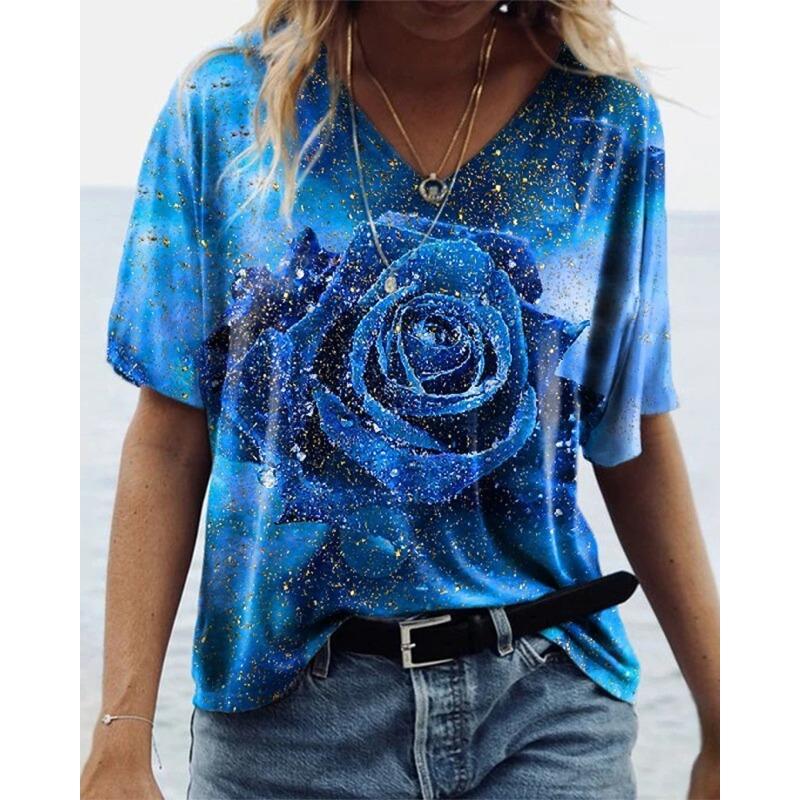 Summer Women's Trendy Rose 3D Printed Short Sleeved V-neck T-shirts