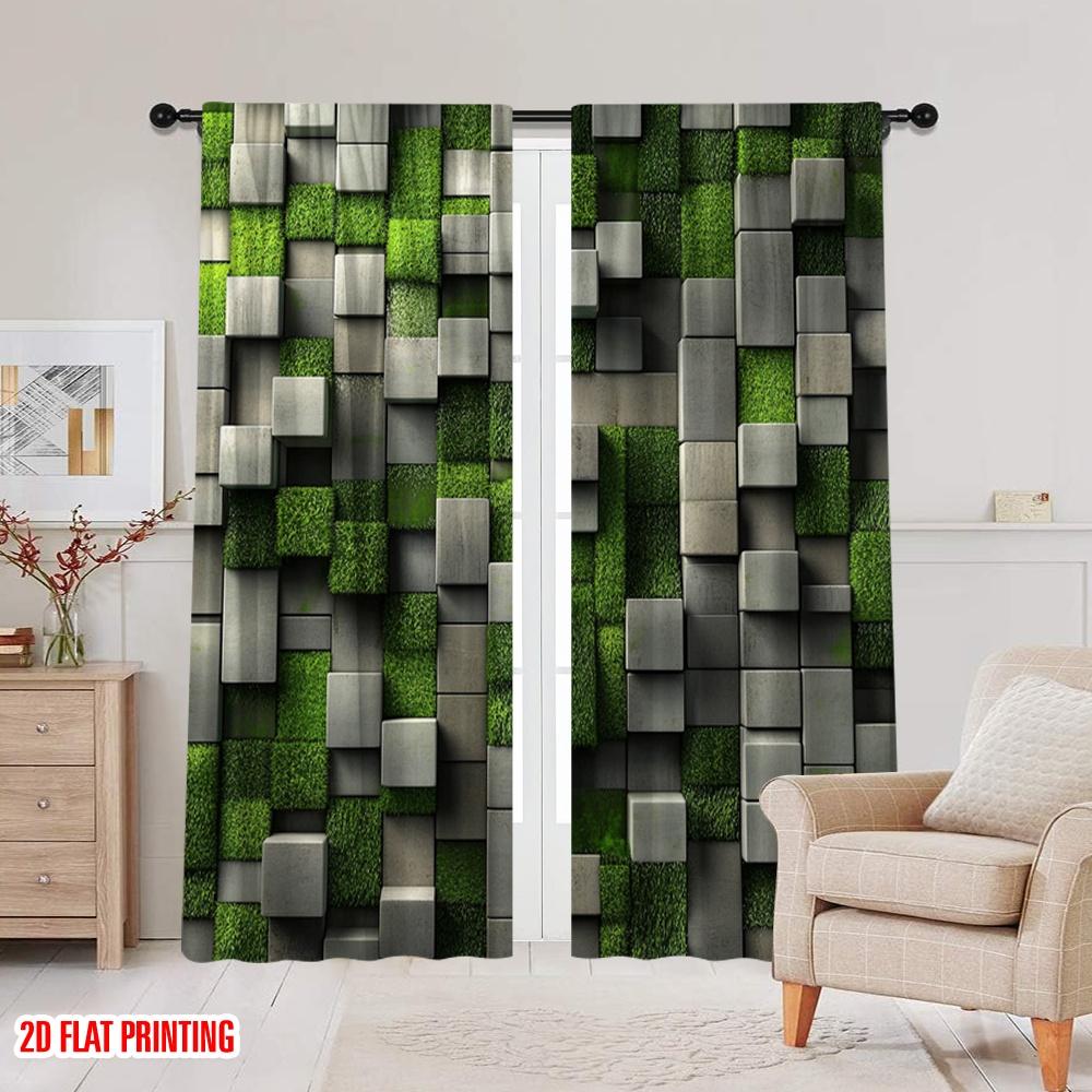 2 szt. Zasłona z płaskim nadrukiem 2D Zielona Blokująca Uderzenia Wszechstronna Trwała Poliester, Bez Prądu Świąteczna Dekoracja Ścienna do Wnętrz