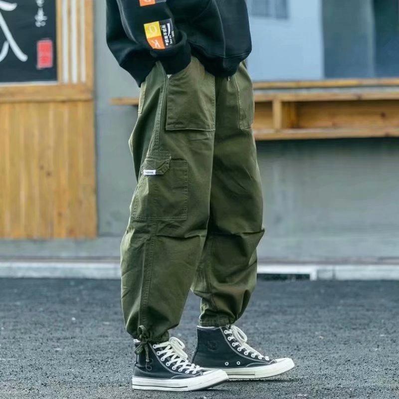 Japanese Style Cotton Cargo Pants Trendy Brand Loose Fit Wide Leg Drawstring Ankle Pants Men Casual