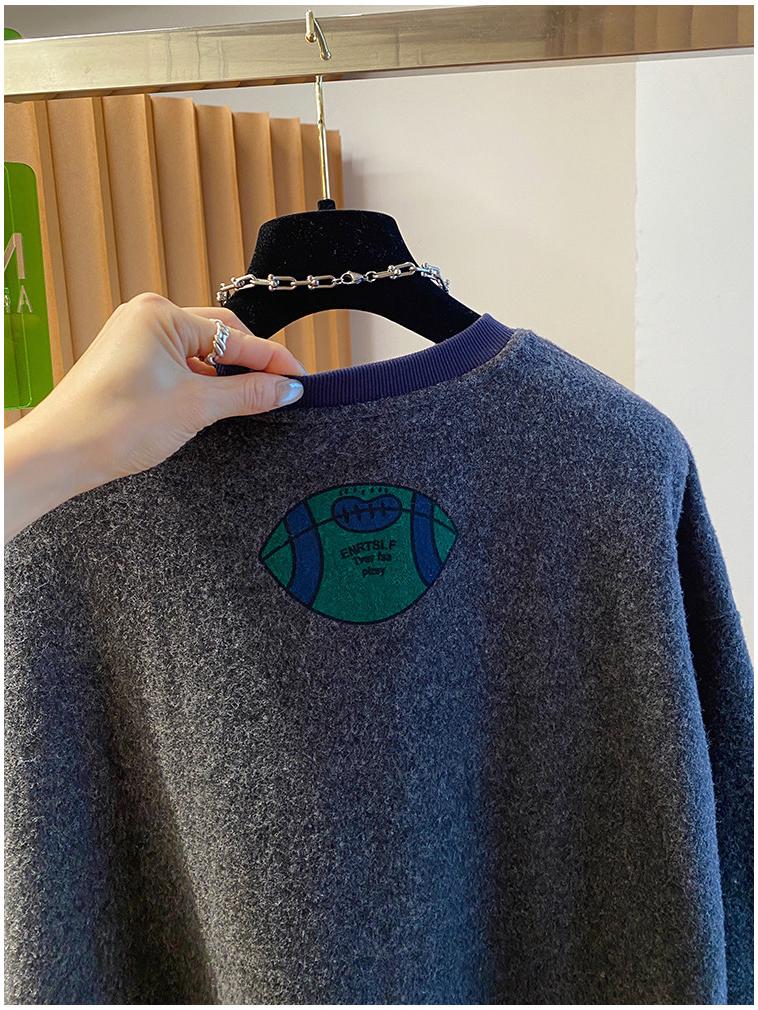 Women's 2025 Cartoon Print Woolen Long Sleeve T-shirt: Loose, Warm, Plus Velvet, Brushed Inner Layer