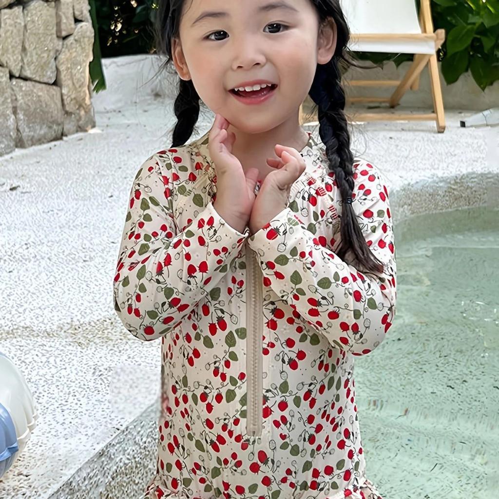 Dziewczęcy szybkoschnący strój kąpielowy z długim rękawem i filtrem przeciwsłonecznym w kwiaty - letni design księżniczki dla małych i średnich dzieci