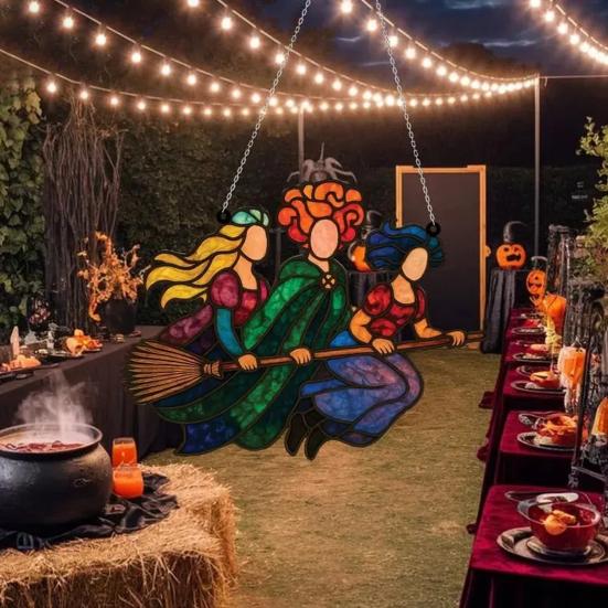 Halloweenský Suncatcher Čarodějnice 3 Čarodějnice Létající na Koštěti Vitrážový Suncatcher Akrylová Závěsná Dekorace na Okno pro Dveře Nástěnná Dekorace