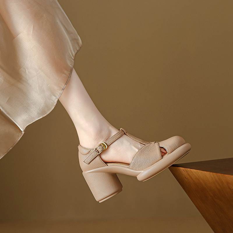 Krazing Pot Sheep Skin Round Toe Size 41 Thick Round High Heels Buckle Straps Hollow Platform Gladiator Autumn Pumps