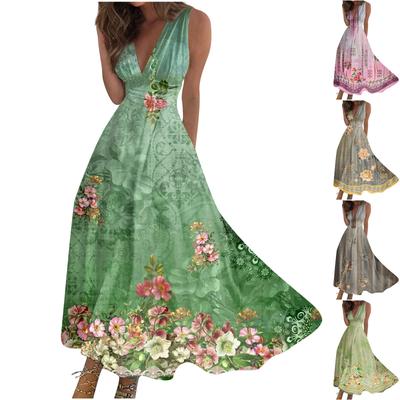 Langes Kleid für Damen, Maxikleid, Freizeitkleid, Sommer, lässig, ärmellos, V-Ausschnitt, Boho-Taille, Rückzug, bedrucktes Kleid