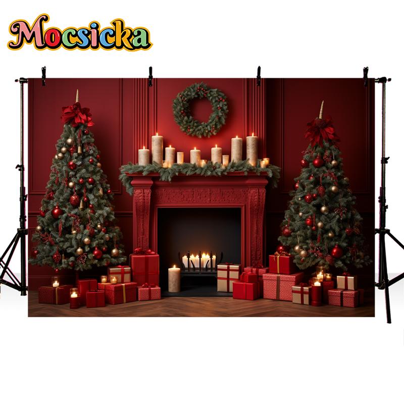 Mocsicka Christmas Photography Background Xmas Tree Fireplace Wall Decors Family Baby Children Portrait Photo Backdrop Wallpaper
