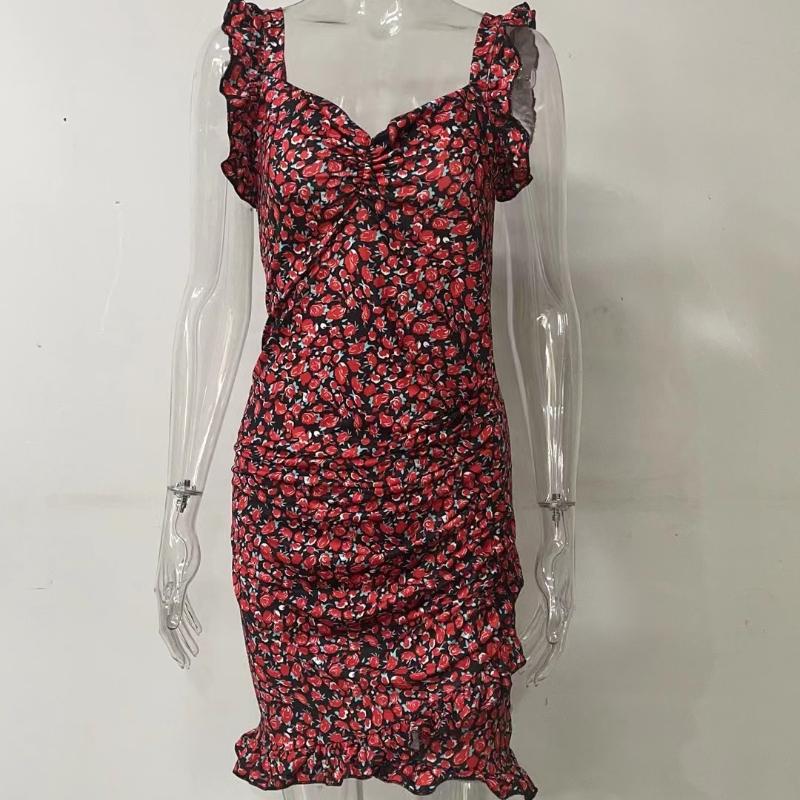 Summer Women Floral Print Butterfly Sleeve Bodycon Dress Ruffle V Neck Bandage Casual Short Sundress Female Beach Spaghetti Strap Mini Dress