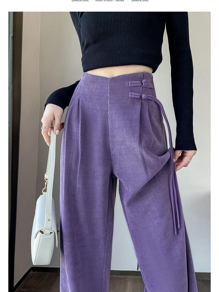 Meilade Autumn Winter Chinese Style Pao Kuao Fleece-Lined Sherniel Wide Leg Pants Women High Waist Drop Crotch Straight Leg Casual Trousers