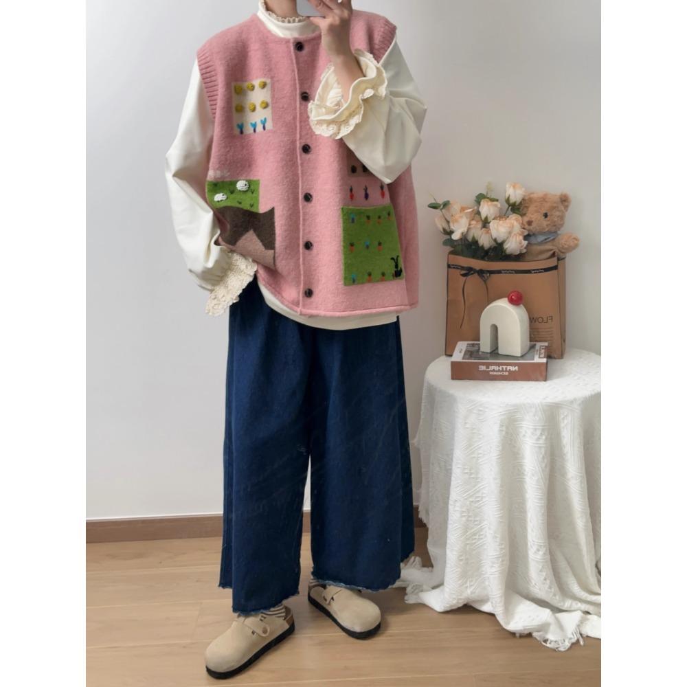 Dimanaf 2025 Autumn Women Sleeveless Vest Sweaters Pattern Printing Knitting Buttons Casual Style Loose Oversize Sweater