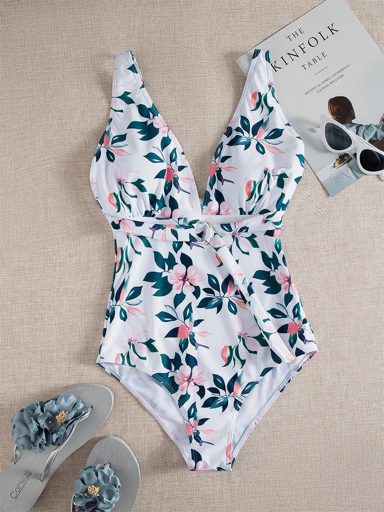 TS JYL-SW125 Deep V One-Piece Swimsuit, High-Waist Floral Swimwear For Ladies XL