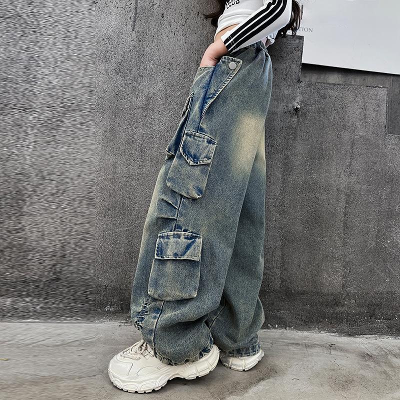 MILU Casual Rechte Kinderbroek Mode Cargo Jeans voor Meisjes Herfst Blauw Zak Tiener Kinderen Cargobroek 130 blauw