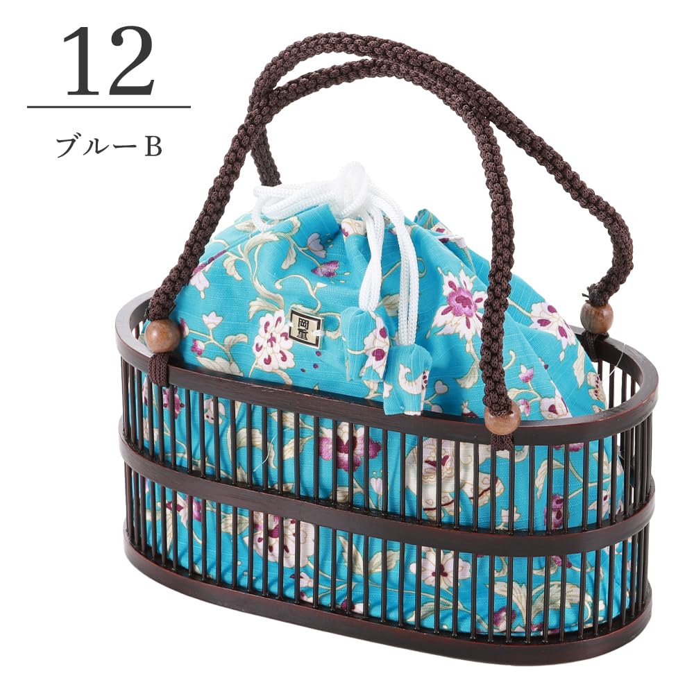 Okaju Bamboo basket drawstring stylish drawstring bag for perfect for yukata or other Blue [SAKIKU-EN] Kyoto's long-established brand bag, women,