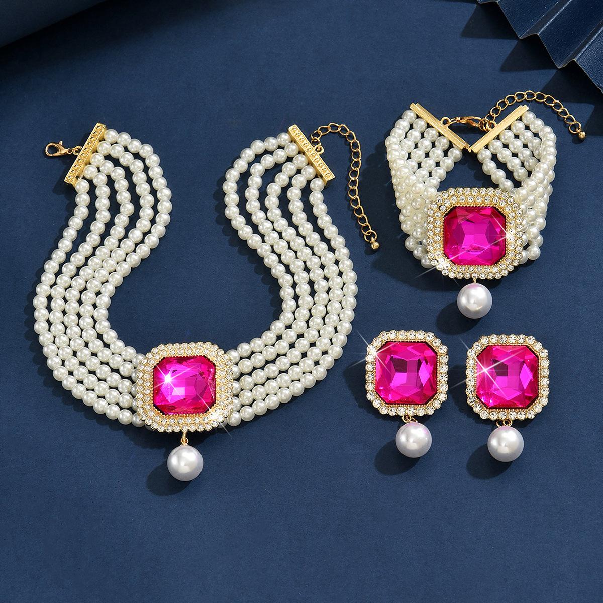 

Luxury Multi-Layer Imitation Pearl Geometric Crystal Full Of Diamonds Colored Pearl Three-Piece Fashion Exaggerated Accessories