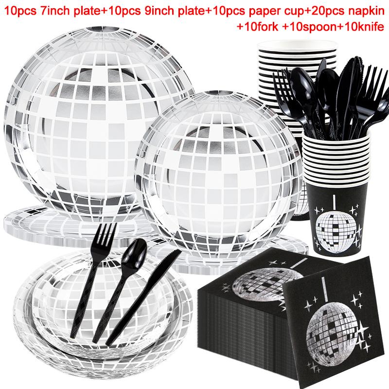 Disco Theme Party Disposable Tableware Set Silver Disco Ball Plates Napkins Cups 70s Birthday Party Decoration Wedding Supplies