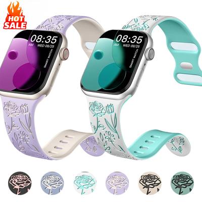 Women Engraved Floral Strap for Apple Watch Band Ultra 2 49mm 46mm 45mm 44mm 40mm 42mm Bracelet IWatch Series 10 9 8 7 6 SE 5 4