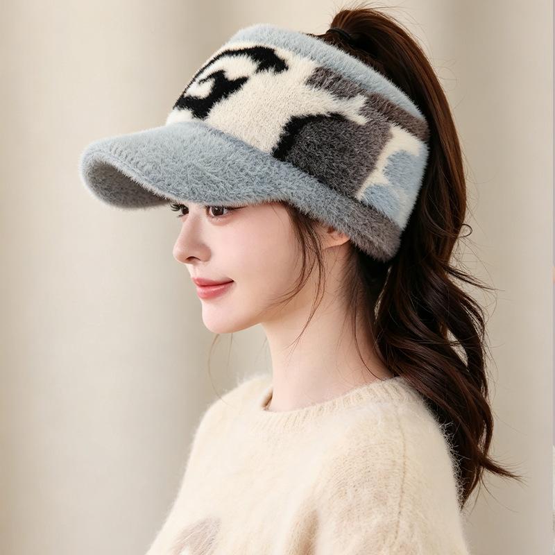 Plush cold-proof empty top hat autumn and winter women's Korean version of fashion knitted hat trendy warm can tie ponytail cap ear protection hat