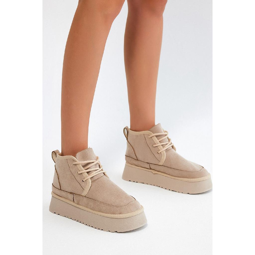 Bottes en daim beige à lacets pour femmes, coupe confortable, en peau de mouton retournée