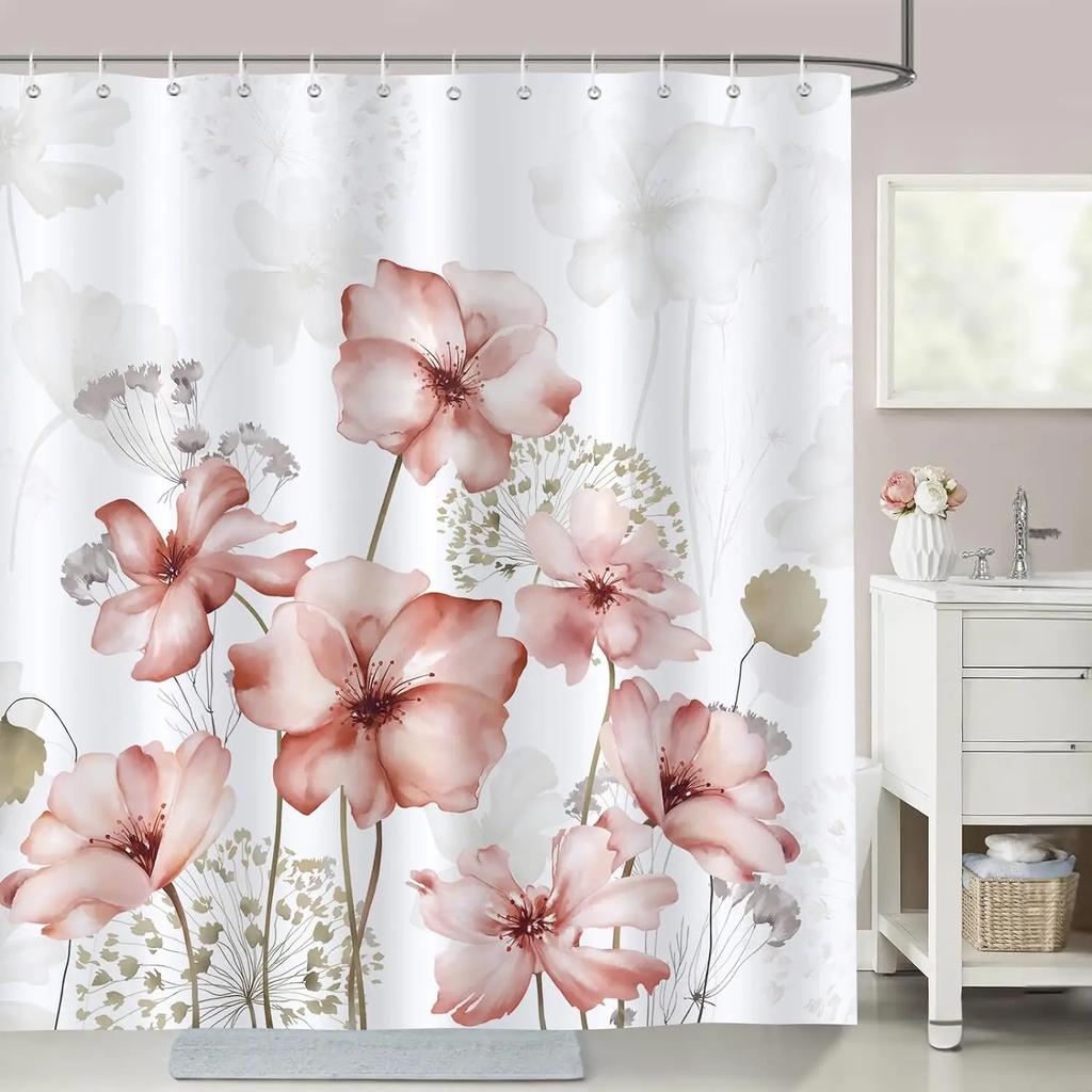 Purple Floral Shower Curtain Watercolor Flower Leaves Wildflower Polyester Fabric Washable Shower Curtains Bathroom Decoration