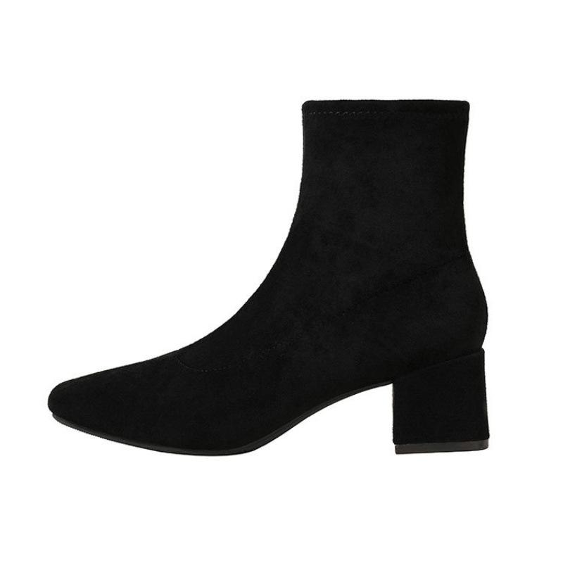 Coarse Heel Short Boots Women's 2025 New Black Suede Medium Boots Medium Heel Versatile Square Socks Boots Elastic Thin Boots