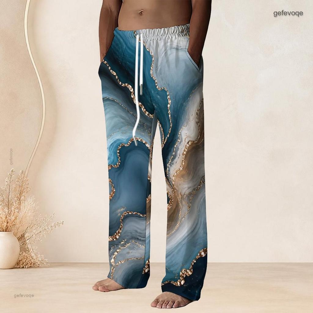 Mens Plus Size Drawstring Waist Colorful Printed Straight Leg Full Length Beach Pants